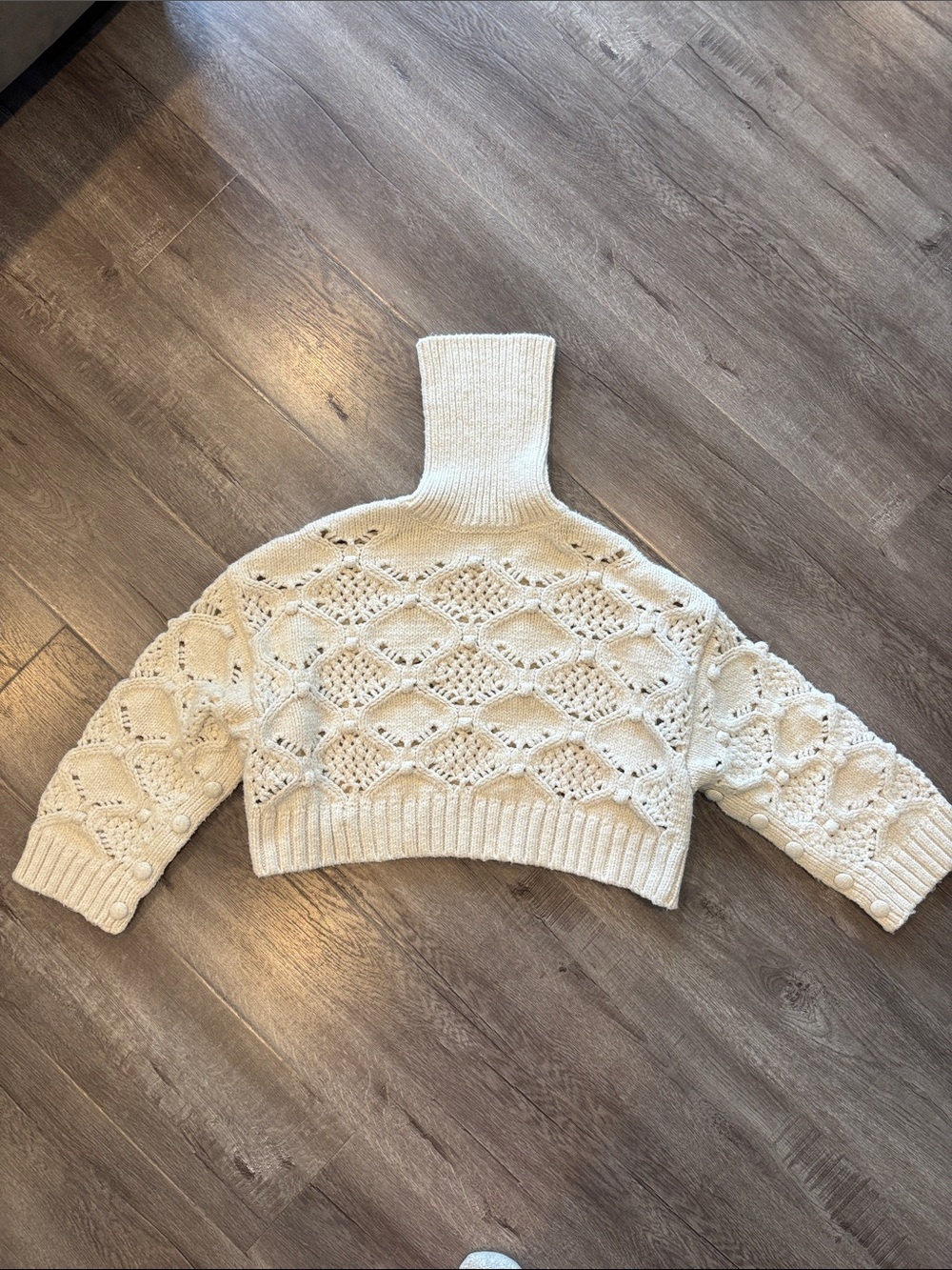 Zara Cream Open-Knit Cropped Turtleneck Sweater - Picture 3 of 7